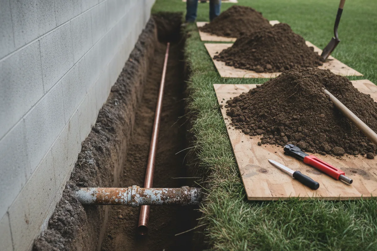 Excavated water line trench during Water Softener Installation in La Porte